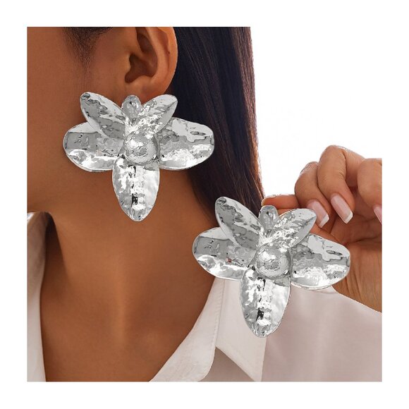 ZARA NEW Orchid Flower Gold Dipped Glam Statement Earrings - Picture 3 of 5